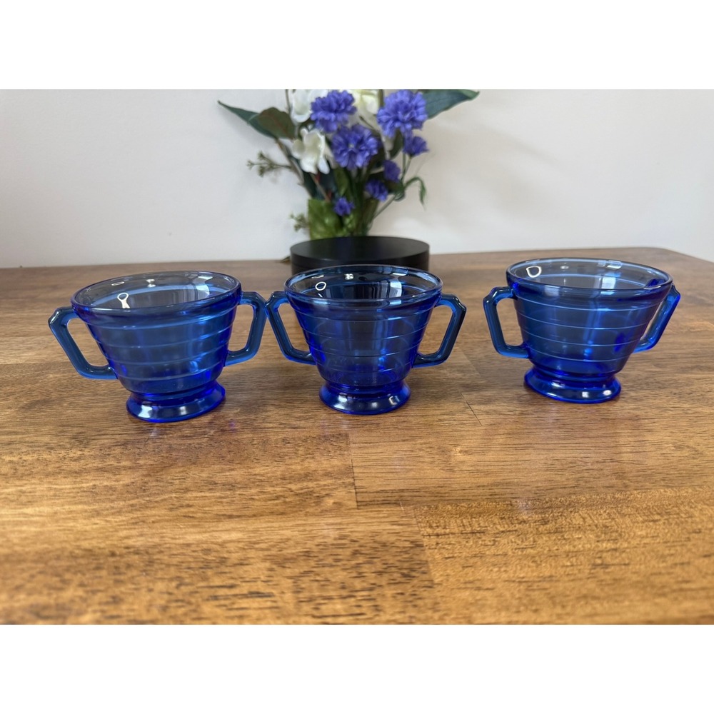 Hazel Atlas Moderntone Cobalt Blue Glass Cream Soup Cups Set Art Deco Vintage